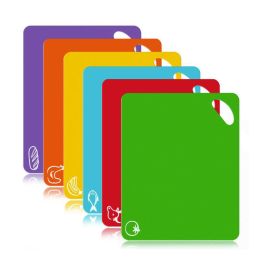 Set of 6 Colored Chopping Board Mats with Food Icons & Easy-Grip Handles Thick Flexible Plastic Kitchen Cutting Board Mats Set Non-Porous Dishwasher S