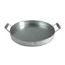 Benzara Round Galvanized Metal Serving Tray With Wooden Handles; Gray