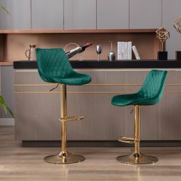 Set of 2 Bar Stools; with Chrome Footrest and Base Swivel Height Adjustable Mechanical Lifting Velvet + Golden Leg Simple Bar Stool-green