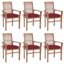 Dining Chairs 6 pcs with Wine Red Cushions Solid Teak Wood