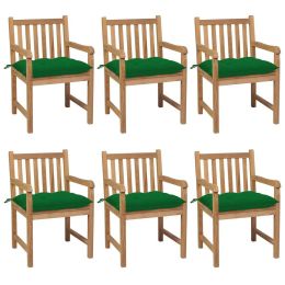 Patio Chairs 6 pcs with Green Cushions Solid Teak Wood