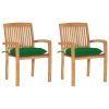 Patio Chairs 2 pcs with Green Cushions Solid Teak Wood