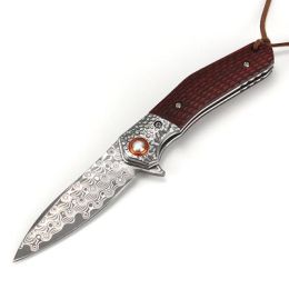 Folding Knife Damascus Small Cutter Anti-height Hardness Ebony Handle Survive In The Wild (Color: coffee)