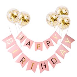 Happy Birthday Lettering Banner Rose Gold Multicolored Balloons (Option: J)