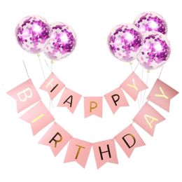 Happy Birthday Lettering Banner Rose Gold Multicolored Balloons (Option: F)