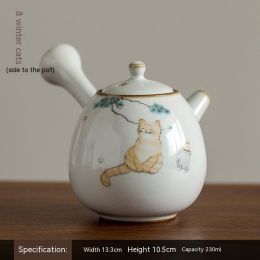 Ru Ware Side Handle Pot Natural Gracked Glaze Teapot Vintage Ceramic Tea Set (Option: Winter Cat)