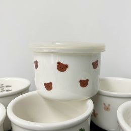 Children's Tableware Ceramic Bowl Fresh-keeping Sealing Band Scale (Option: White & Allover Printed Bear)