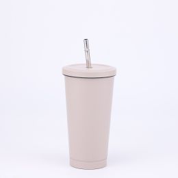 Stainless Steel Large-capacity Straw Insulation Cup (Option: Khaki-500ML)