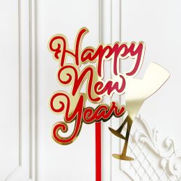 Acrylic New Year Cake Decoration Happy New Year Party Plugin (Option: Wine glass red gold)