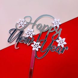 Double-layer Snowflake Happy New Year Acrylic Cake Insert Plate Dessert Table Decoration (Option: Silver white)