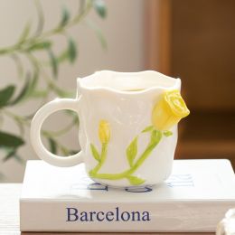 Design Three-dimensional Rose Relief Ceramic Water Cup Ins Ceramic Mug (Option: Yellow-420ml)