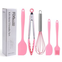 Silicone Cook Utensils;  5 Piece Kitchen Cooking Set;  Includes Large Spatula;  Small Spatula;  Grease Brush;  Food Clamp;  Whisk (Color: Pink)