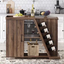 Kitchen Island Cart on Wheels with Adjustable Shelf and 5 Wine Holders, Storage Cart for Dining Room, Kitchen (Color: Brown)