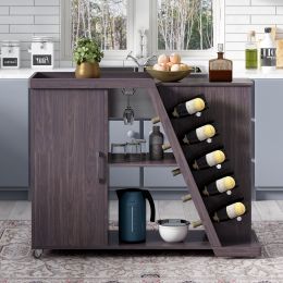 Kitchen Island Cart on Wheels with Adjustable Shelf and 5 Wine Holders, Storage Cart for Dining Room, Kitchen (Color: Espresso)