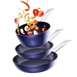 Household Frying Pan Set 3-Piece Nonstick Saucepan Woks Cookware Set (Color: Blue, Type: 3 Piece)