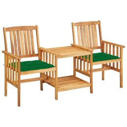 Patio Chairs with Tea Table and Cushions Solid Acacia Wood (Color: Brown)