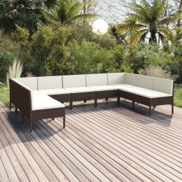 9 Piece Patio Lounge Set with Cushions Poly Rattan Brown (Color: Brown)