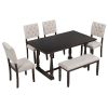 6-Piece Dining Table and Chair Set with Special-shaped Legs and Foam-covered Seat Backs&Cushions for Dining Room