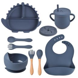 8-piece Children's Silicone Tableware Set Dinosaur Silicone Plate Bib Spoon Fork Cup Baby Silicone Plate (Option: Y10-F)